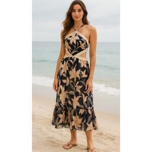 PatBo Stargazer Navy Floral Maxi Dress XS Halter Boho Coastal Vacation Boho Luxe